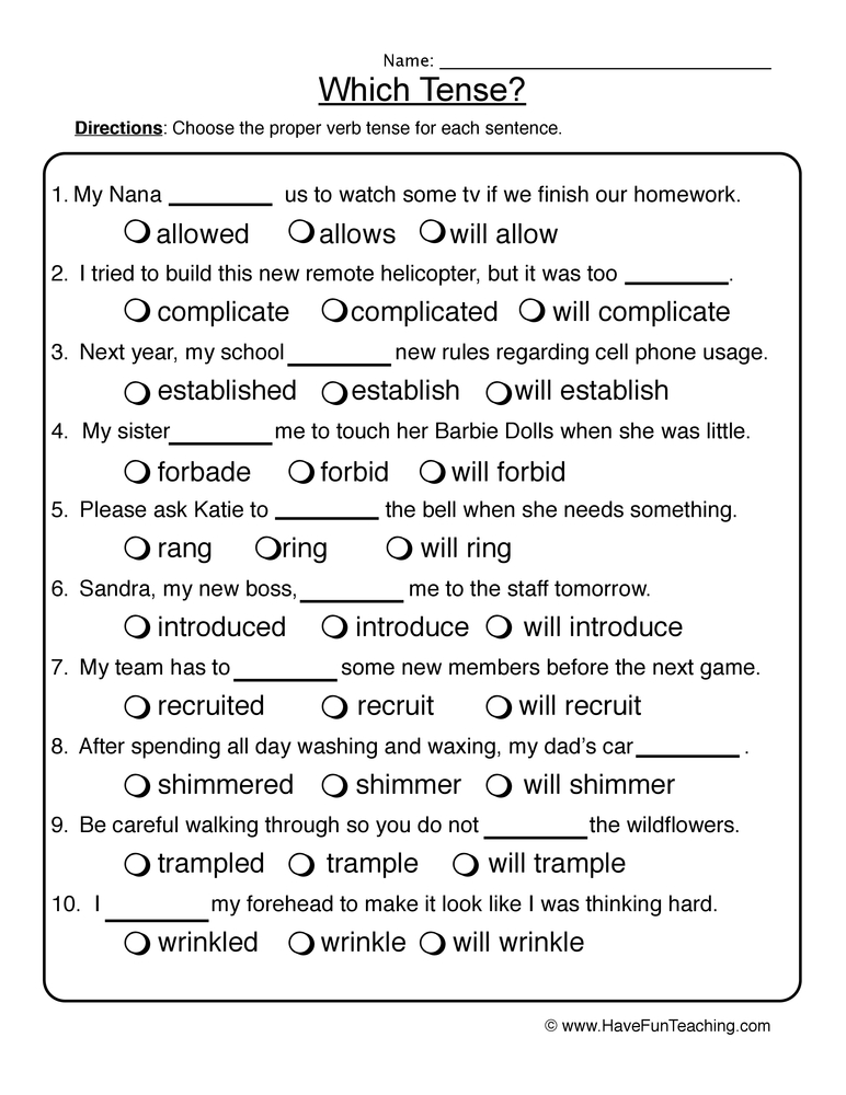 free printable verb tense worksheets